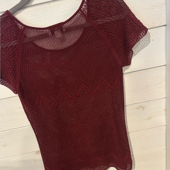 LOFT Burgundy Crochet Knit Short Sleeve Top - Picture 8 of 13